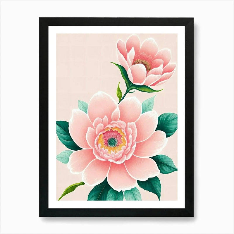 Framed peony flower wall art print with pink blooms and green leaves, square artwork