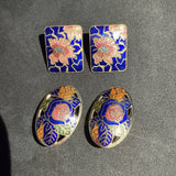Set Of 2 Vintage CloisonnŽ Enamel Flower lotus lily & Rose Earrings Pierced Clip Lily