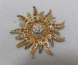 Excellent Vtg Gold Tone Yellow Topaz & Clear Pave Rhinestone Sun Flower Brooch Sunflower