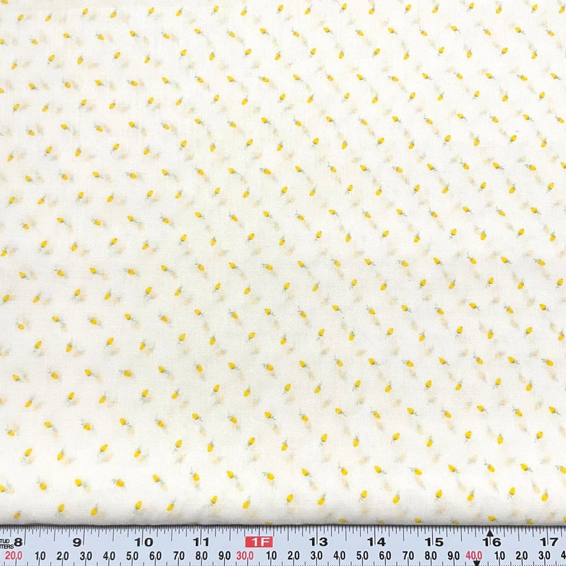 Vintage Yellow Rosebud Florals on Off White Cotton Blend Fabric by the HALF YARD Flowering Plants