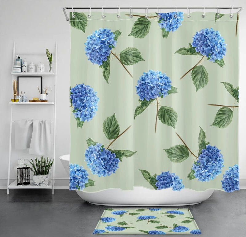 Rustic Blue Hydrangea Flower Sage Green Shower Curtain Set for Bathroom Decor Hydrangea