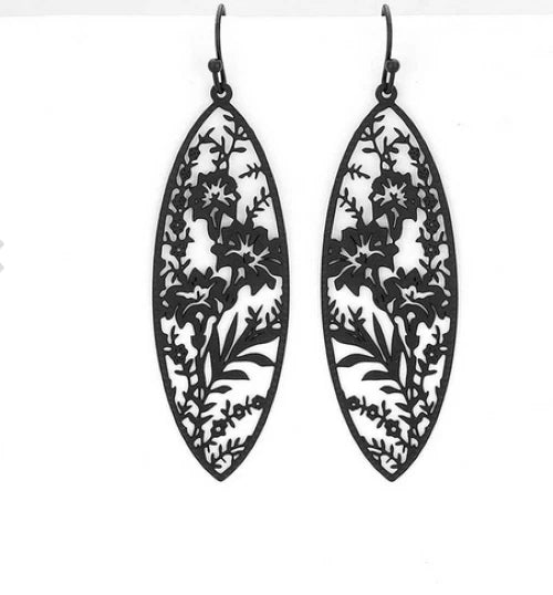 Black filigree sunflower drop earrings, oval dangle with cutout leaf pattern