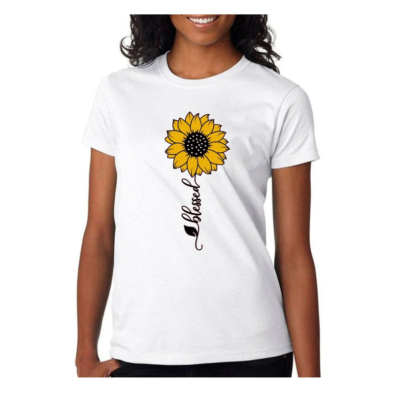 White crew-neck T-shirt with yellow sunflower and leaf script graphic