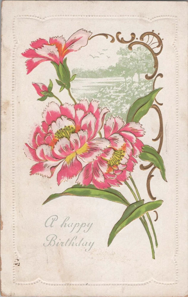 Embossed pink carnation flowers birthday postcard, divided back