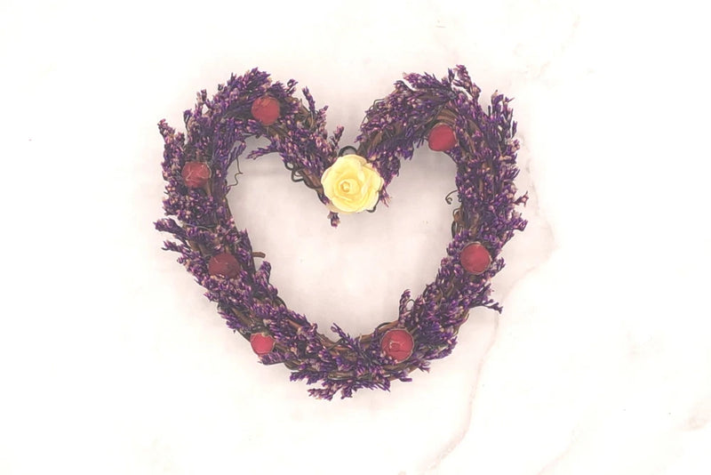 Handmade Grapevine Heart Dried Flower Arrangement Ð Purple Caspia & Mini Roses Dried Flower