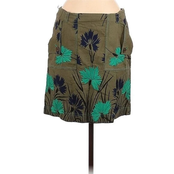 Women’s olive green embroidered floral skirt with navy and teal accents, elastic waist