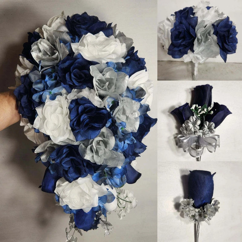 Navy Blue Silver White Rose Bridal Wedding Bouquet Accessories Bouquet