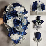 Navy Blue Silver White Rose Bridal Wedding Bouquet Accessories Bouquet