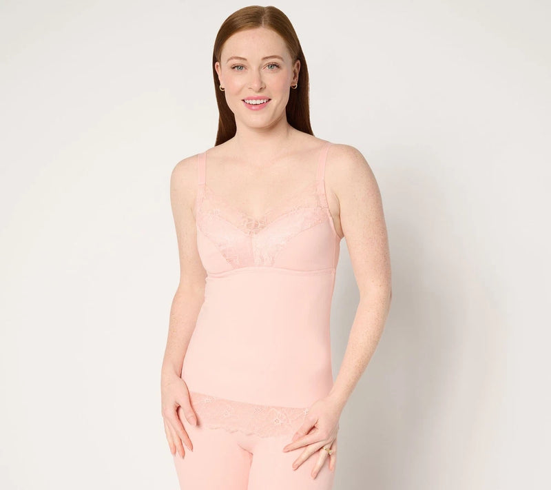 Soft support lace bra camisole, pink with lace trim and spaghetti straps, front
