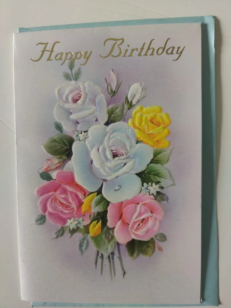 Pop-up birthday greeting card with envelope, Happy Birthday text and pastel rose bouquet