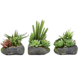 Pure Garden Artificial Succulent Plant Set 3 Piece Faux Stone Pots 50-LG1123 Green Plant