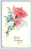 HEARTY GREETINGS Pink Carnations Blue Violets Embossed Postcard c.1910 U.S.A. Carnation