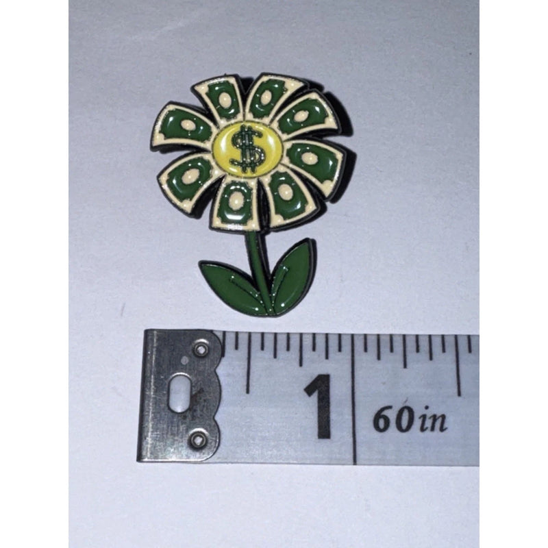 Enamel sunflower money pin brooch with dollar-sign center and green petals