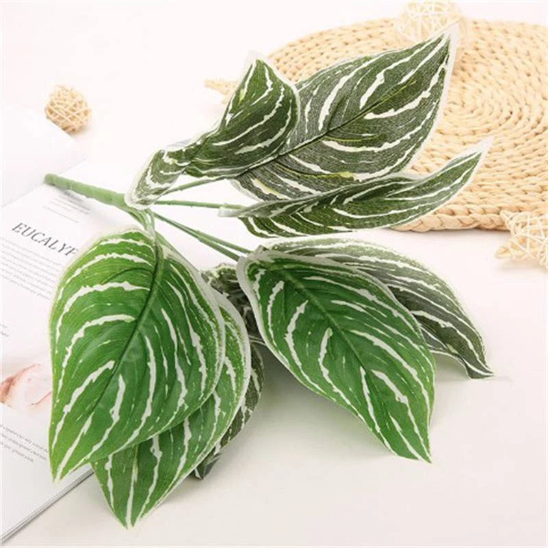 Artificial variegated leaf plant, green plastic leaves with white stripe pattern