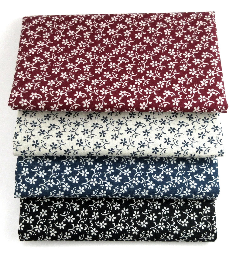 4 Fat Quarters Bundle, Red, Cream, Blue, And Black With Floral Accents Flowering Plants