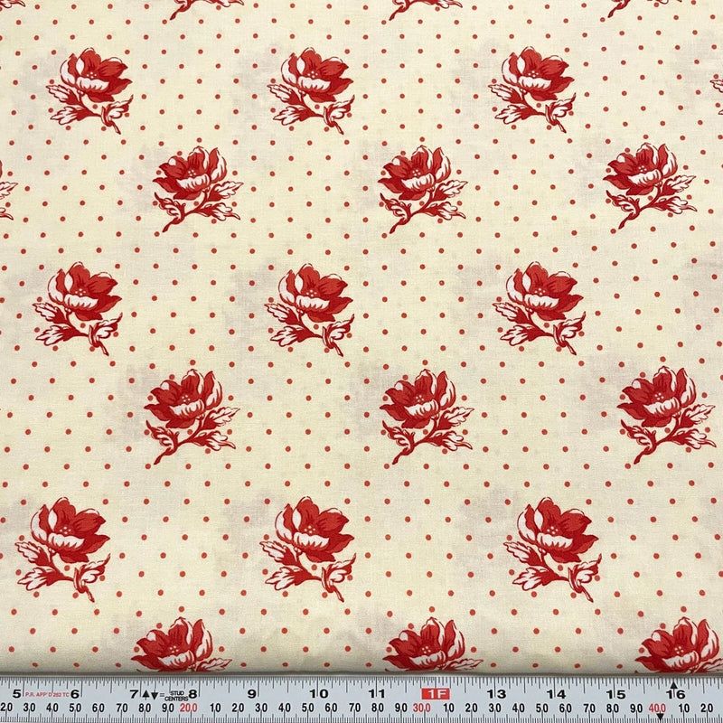 Farmhouse Reds by Minick & Simpson for Moda Cream Cotton Fabric by the HALF YARD Flowering Plants