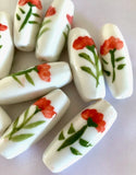Hand Painted Red Carnation Flower Floral Loose Large Ceramic Barrel Bead DIY Carnation