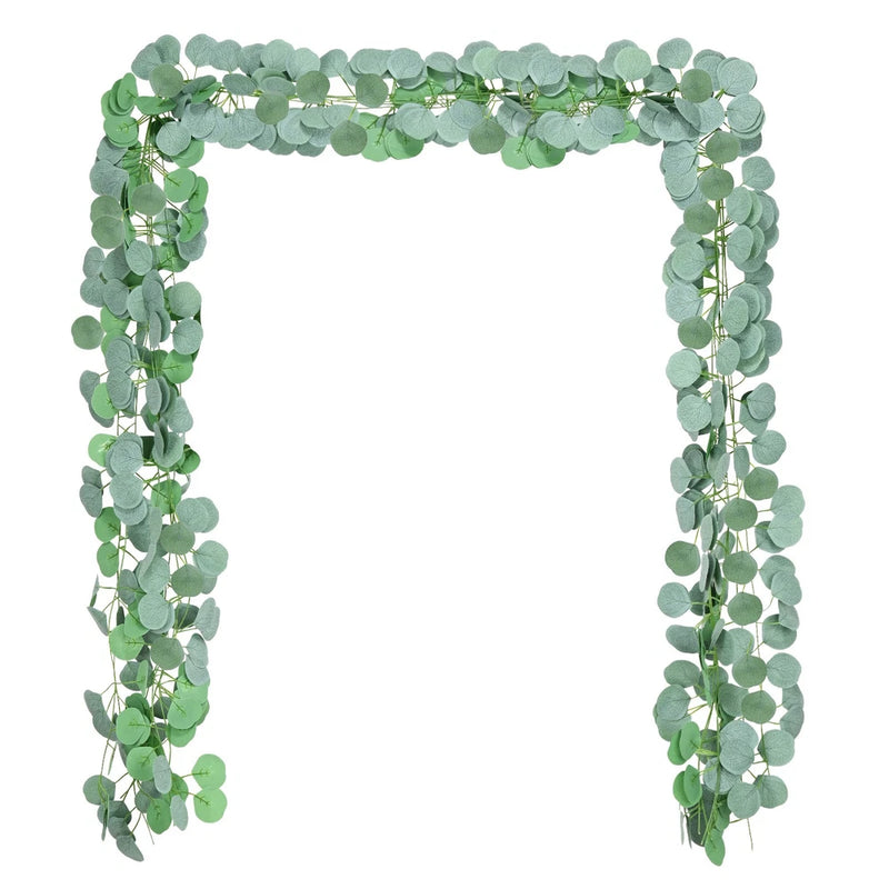 Artificial eucalyptus leaf garland with overlapping round leaves in green and grey, looped arched shape