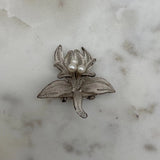Vintage Silver Lily Orchid Flower w/  Pearl Center Filigree Wire Work Art Brooch Lily