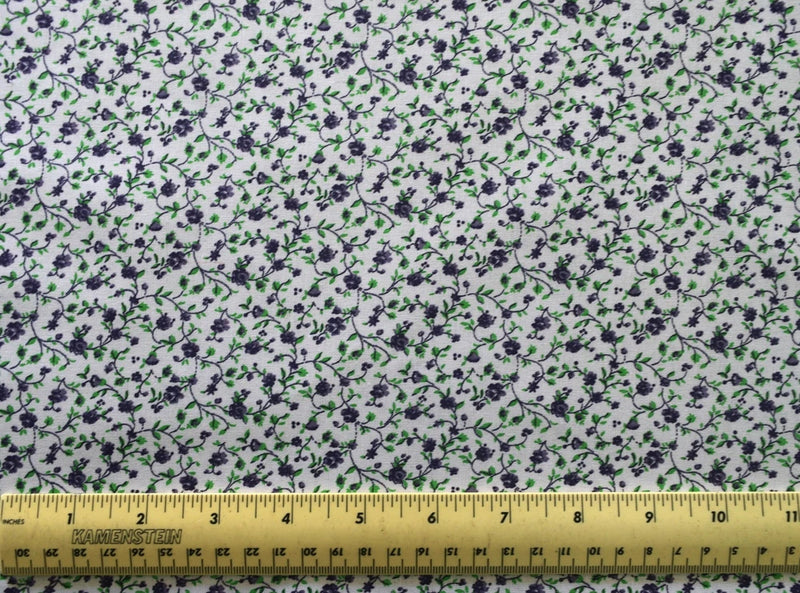 1/4 yard cotton fabric MDG Fabrics Tiny Purple Flowers With Green Vines Leaves Flowering Plants