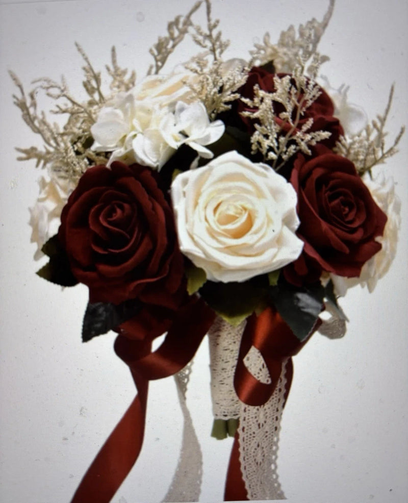 8.6in Wedding Bouquets for Bride Bridesmaid, Throw Away White Red Burgundy Rose Bouquet