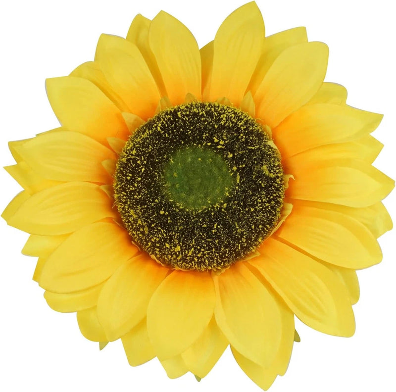 Crochet sunflower hair clip with yellow petals and dark textured center