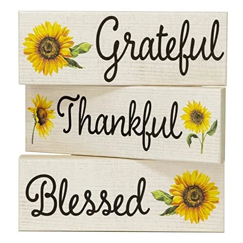 JennyGems Sunflower Decor, Grateful Thankful Blessed Wood Blocks,Farmhouse Decor Sunflower