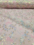 Blush Pink Lace Fabric 3D Floral Iridescent Sequins Embroidery Sold by Yard Flowering Plants