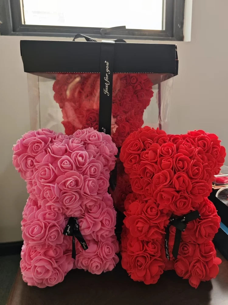 Artificial rose teddy bear gift set, pink and red, in gift box