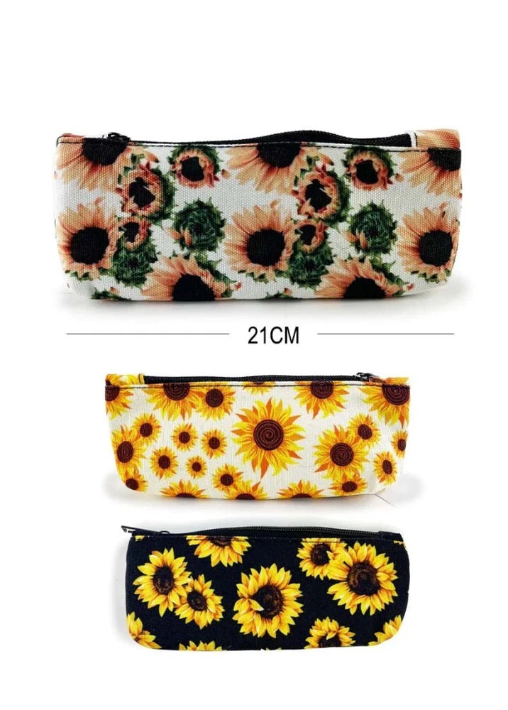 Sunflower cosmetic bags set with zip closure, shown in white, yellow, and navy