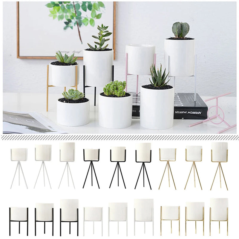 Metal plant rack stand set with white ceramic cylindrical flower pots