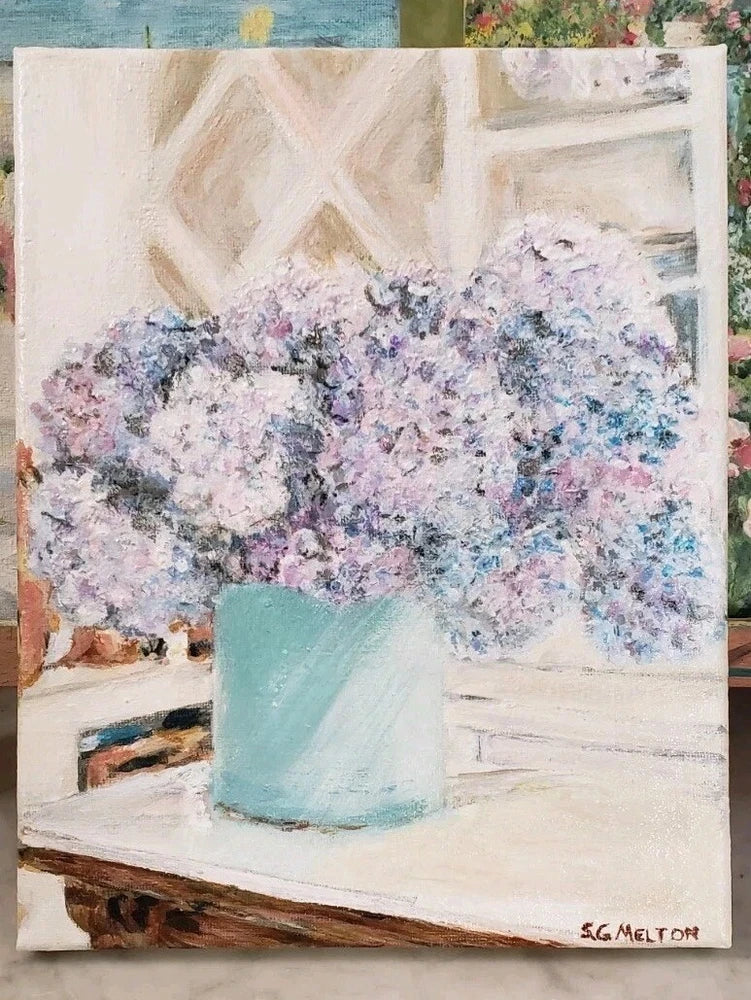 Original OOAK Art Painting  Flowers Floral Hydrangea Bouquet Purple Pink 8 X 10" Hydrangea