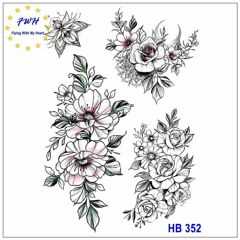 Peony Rose Flower Hand Drawing Sunflower Daisy Body Chest Waist Temporary Tattoo Peony