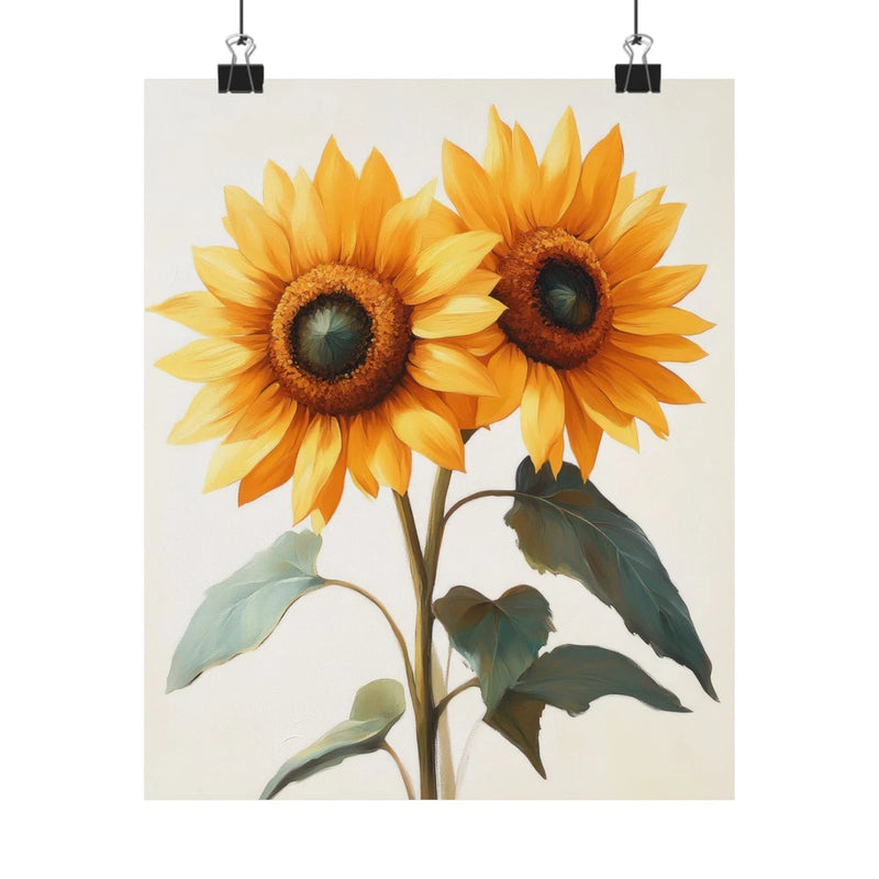 Sunflower art print poster with two yellow blooms and green leaves, minimalist floral design
