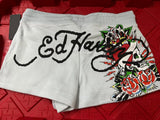 NWT Ed Hardy Light Blue Logo Roses Skull Heart Shorts Size S Small Roses