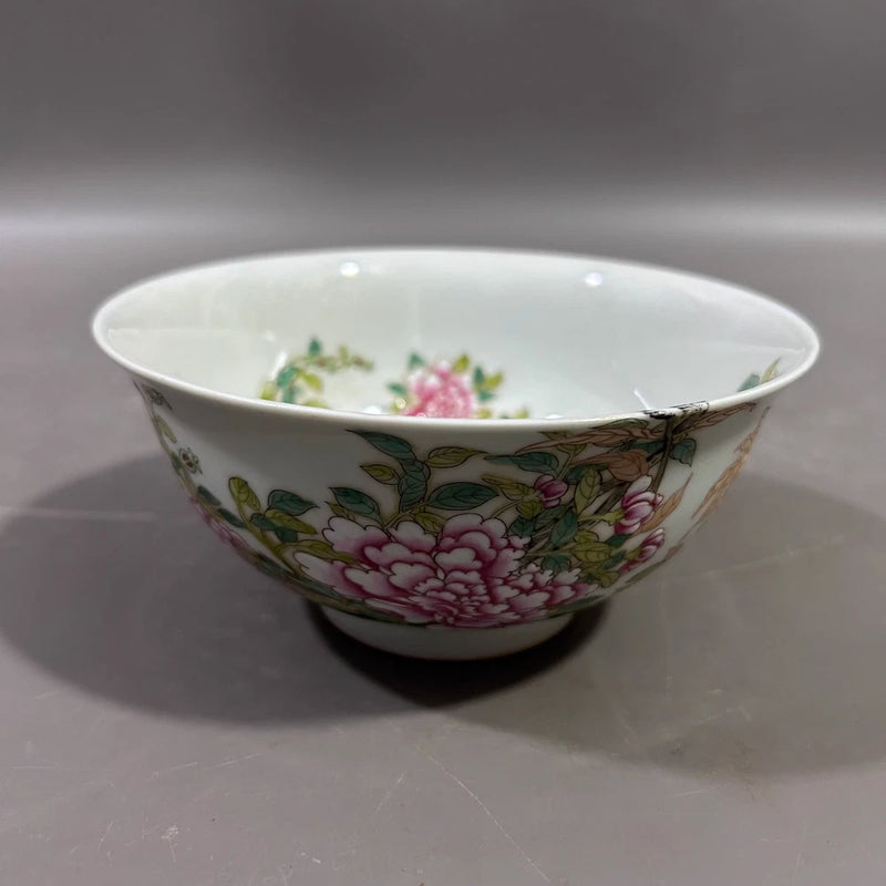 White porcelain decorative bowl with famille rose peony floral painting pattern