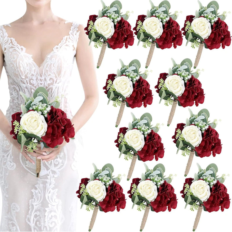 Burgundy and white silk bridesmaid bouquet set, 10 small flower bouquets with greenery.