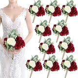 Silk Bridesmaid Bouquets Set of 10 - Burgundy & White Wedding Decor Bouquet