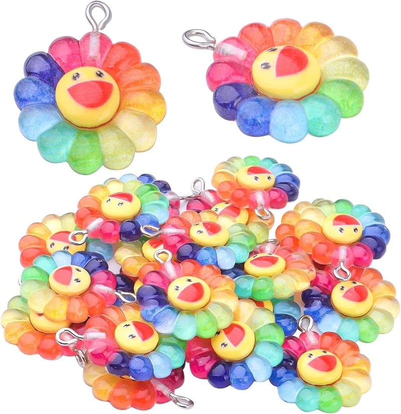 20Pcs Face Sunflower Charms Pendants Resin Rainbow Flower Charms Jewelry Making Sunflower