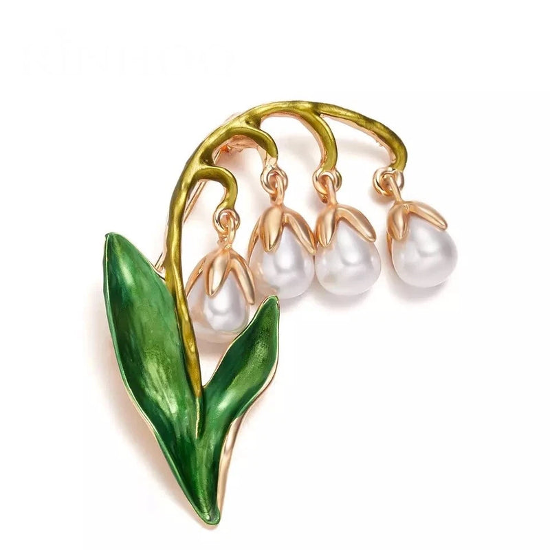 ZARD Lily of the Valley Flower Pin Brooch with Dangling Pearl Accent Lily