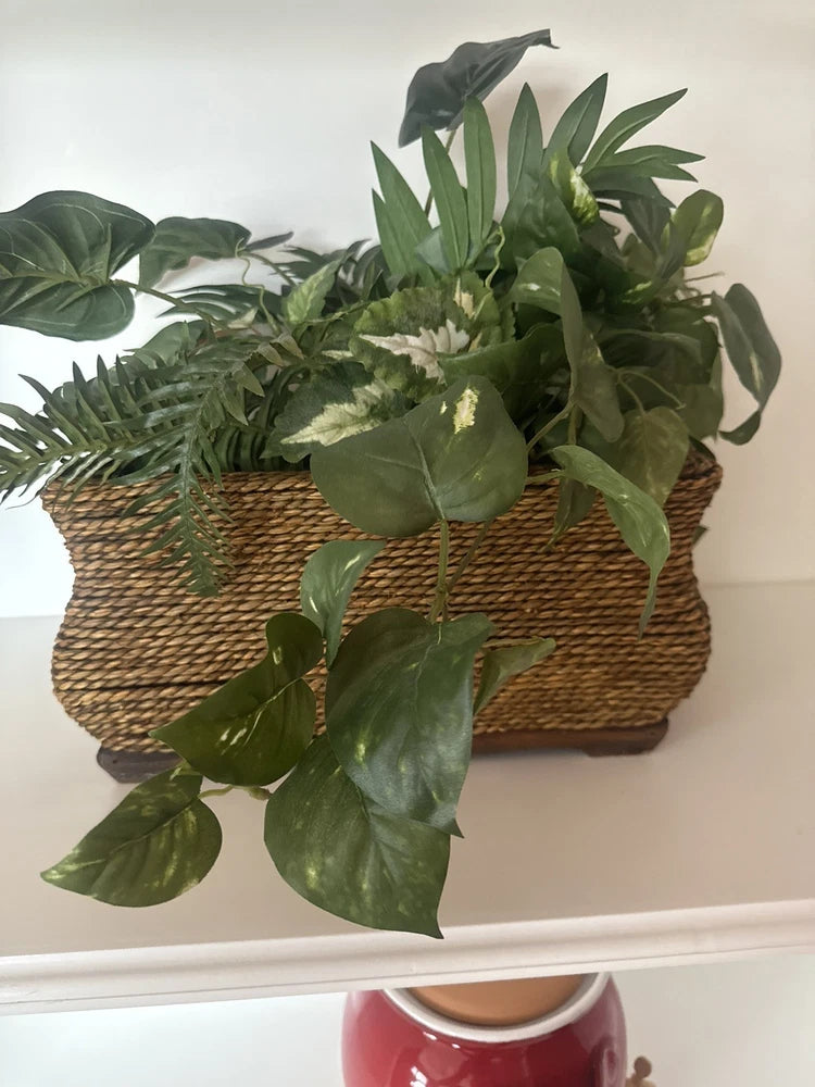 PLASTIC GREEN PLANT IN A WICKER BASKET CASE EXCELLENT CONDITION Green Plant