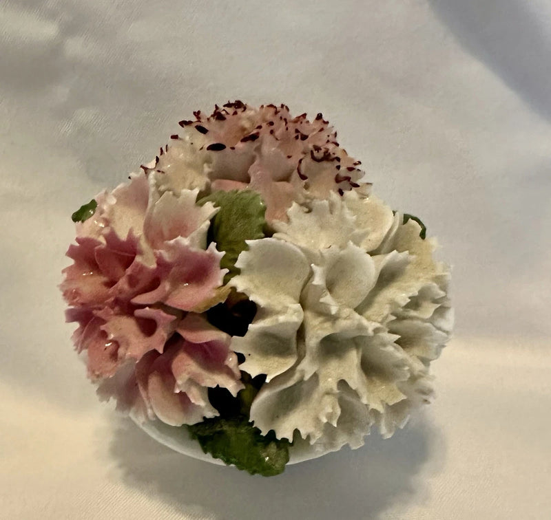 Vintage bone china carnation bouquet with pink, white petals and green leaves