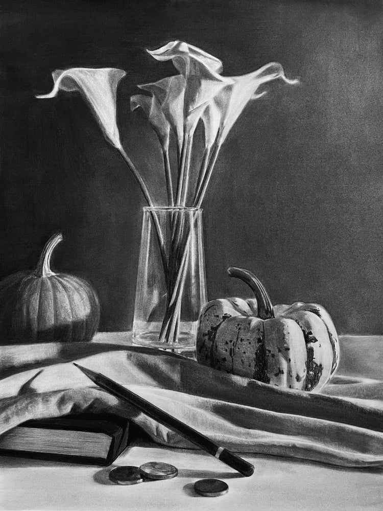 Charcoal still-life art print with calla lily bouquet in vase, pumpkins, coins, books