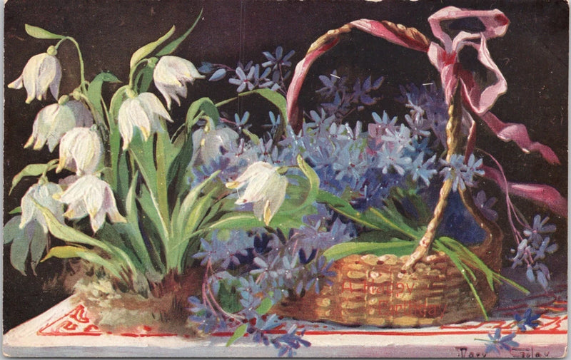 Floral basket illustration vintage postcard with purple violets and white lilies
