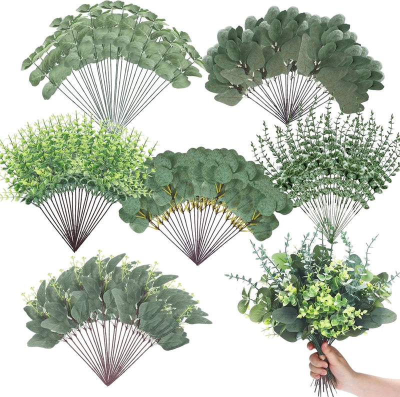 300 Pcs - 6 Kinds Mixed Articial Eucalyptus Stems & Leaves - Arrangement bundle Green Plant