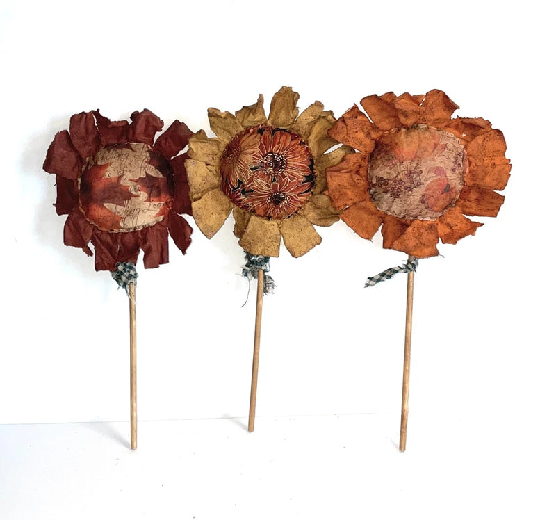 3 Handmade Primitive-Style Fabric Sunflower Floral Picks 12-13" Sunflower