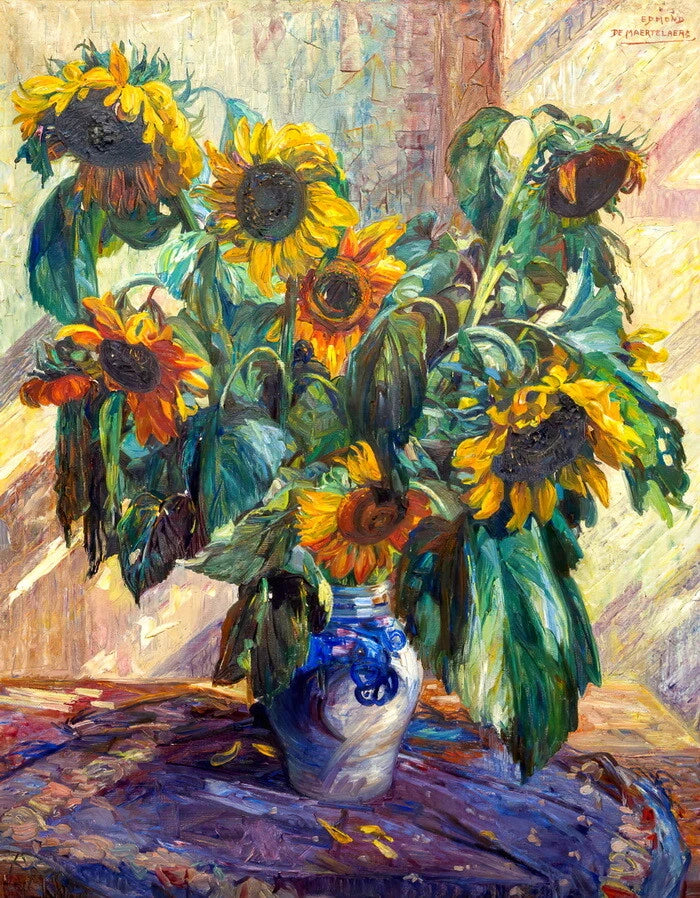 Sunflower oil painting giclee print canvas featuring a vase of yellow sunflowers