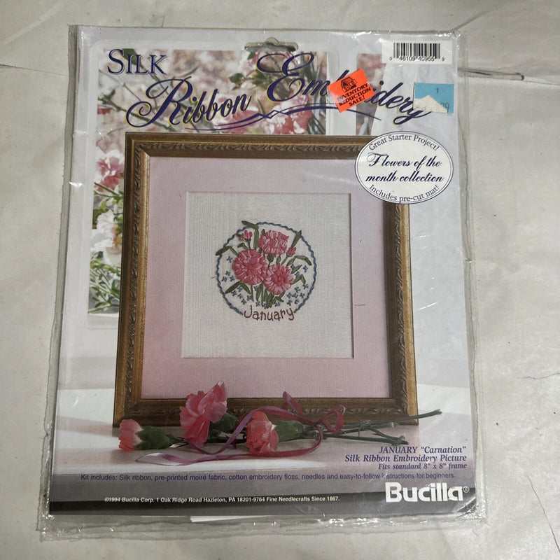 Silk ribbon embroidery kit with pre-printed fabric and framed carnation design