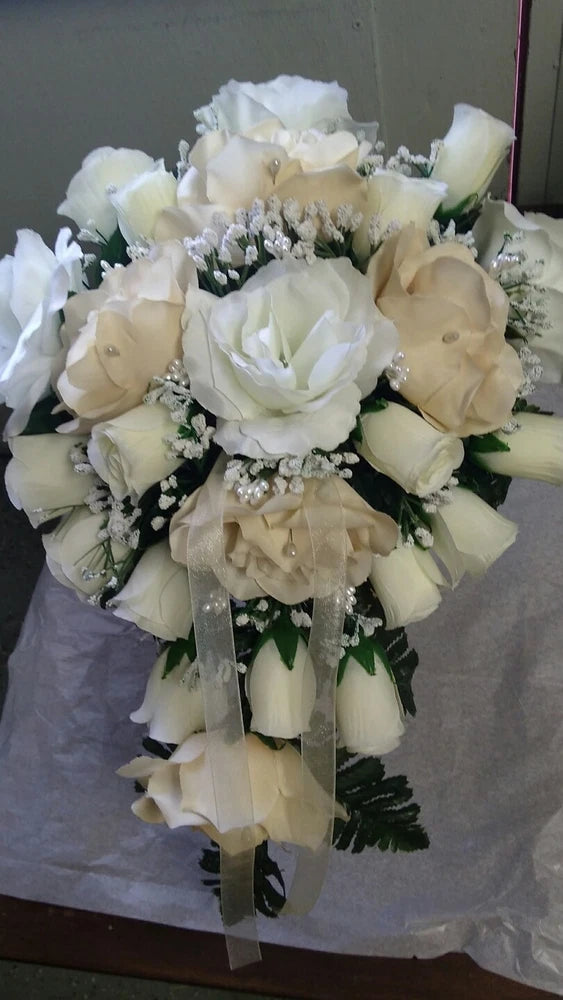 22 PC Champagne &  Ivory cascade wedding bouquet package RUSH ORDER AVAILA Bouquet