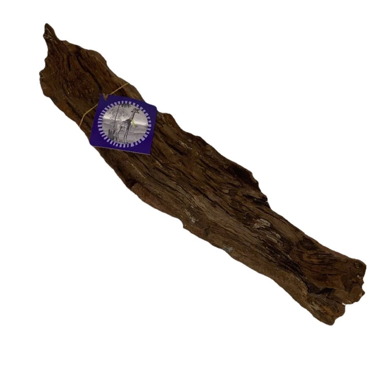 Brown driftwood log with purple price tag label